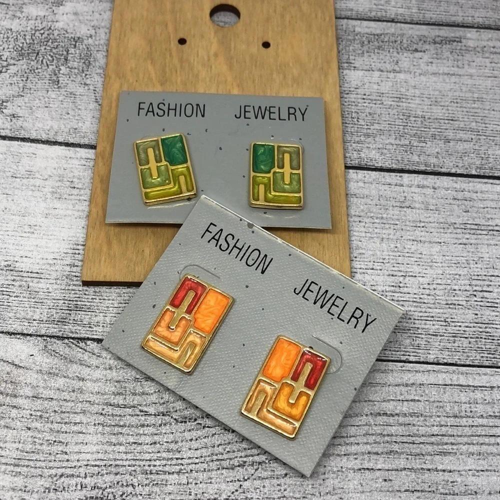 New old stock retro vintage clip on earrings statement modernist abstract enamel